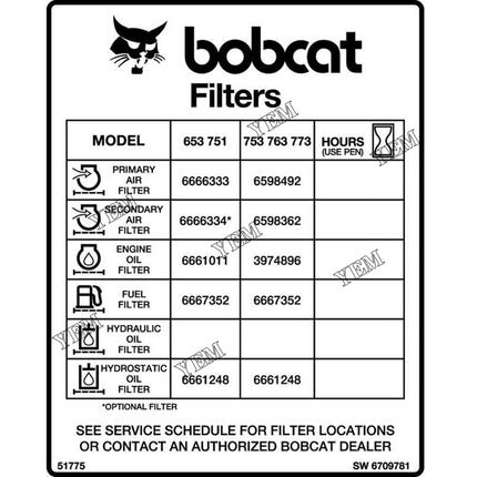 Filter Decal Part # 6709781 For Bobcat Parts
